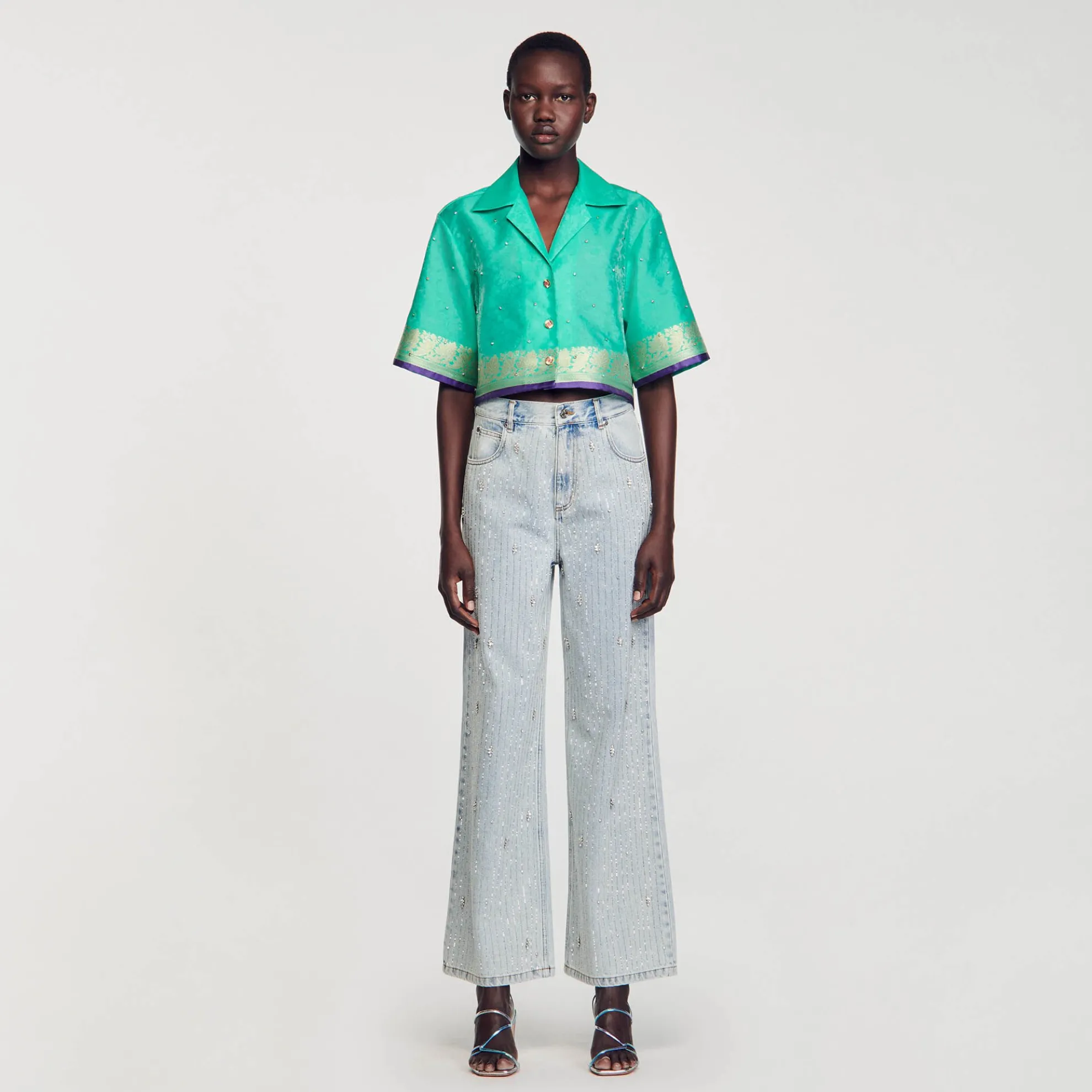 Korte Overhemdblouse Jacquard Met Stras