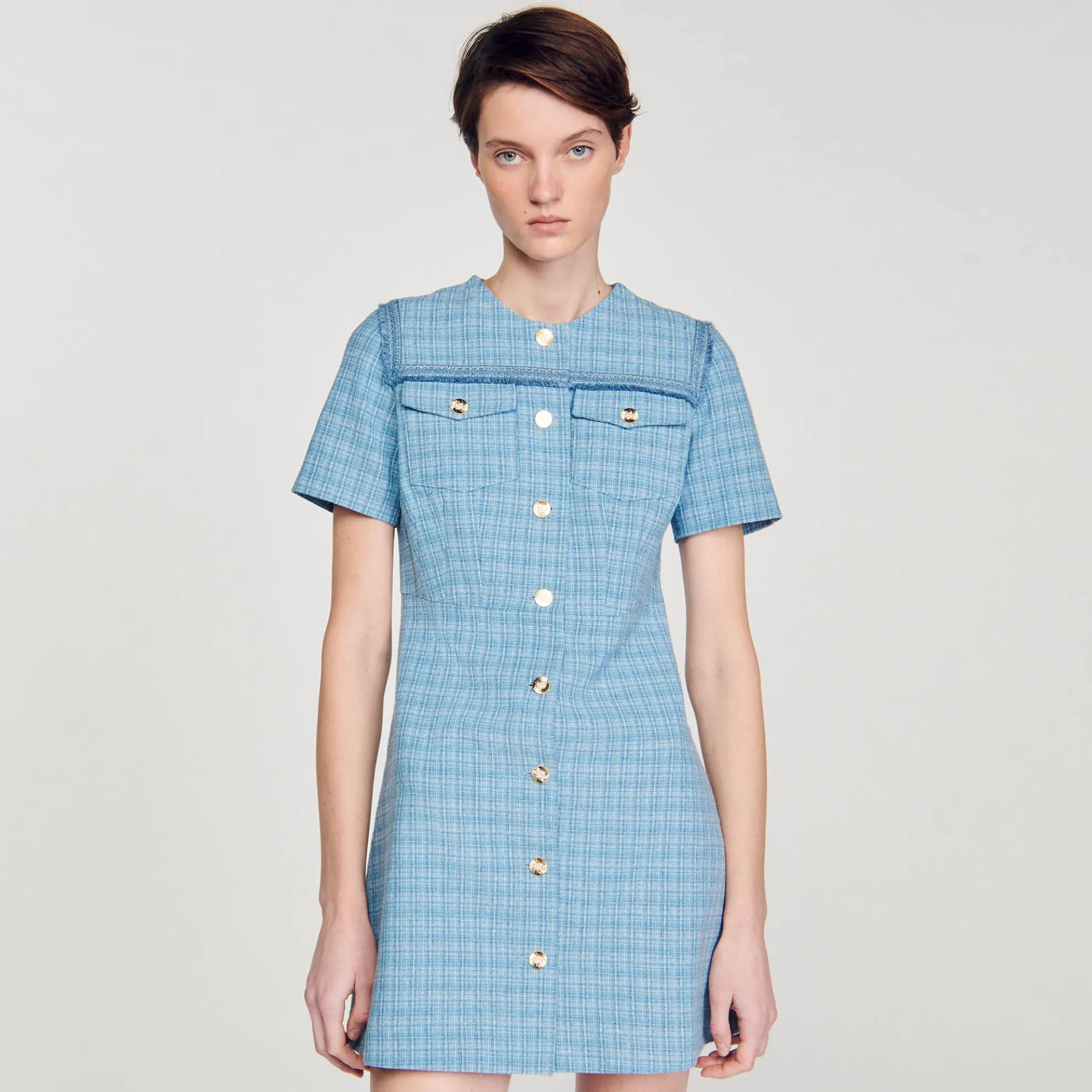 Korte Tweed Jurk Met Knoopsluiting