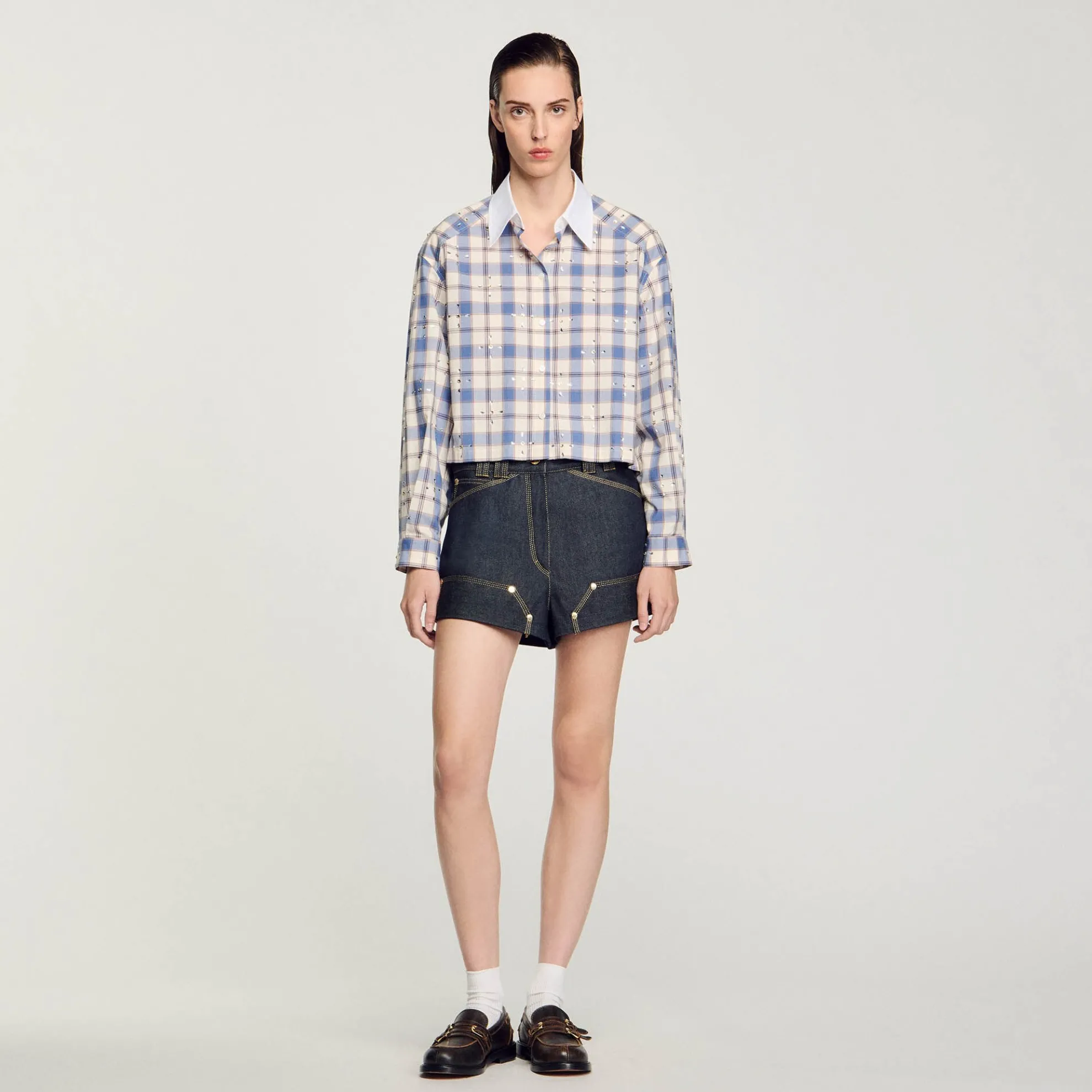 Overhemdblouse Geruit Met Stras