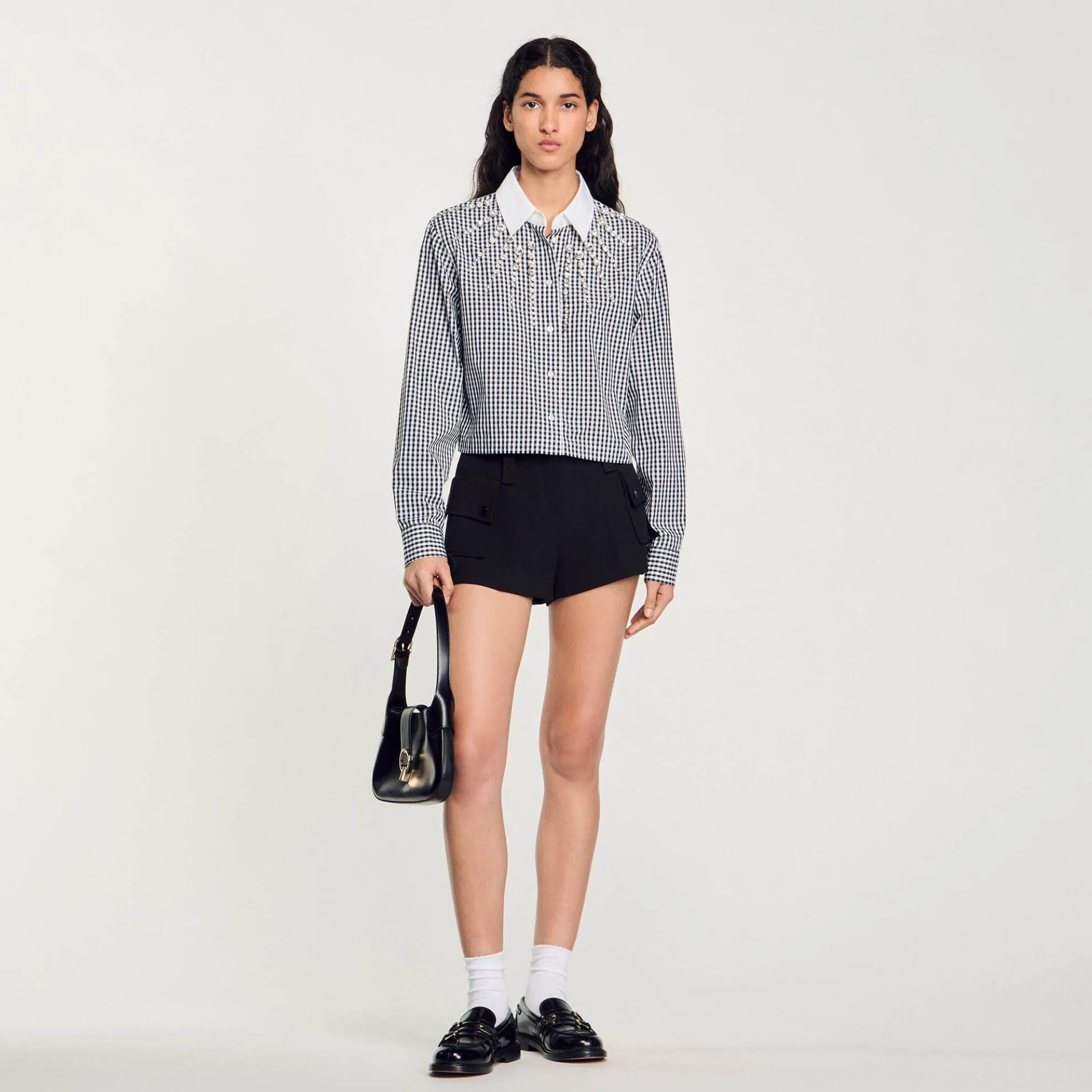 Overhemdblouse Kort Plastron Met Stras