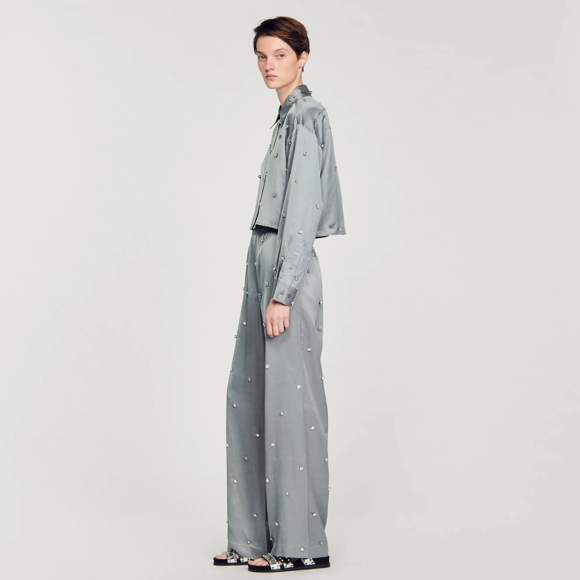 Satijnachtige Overhemdblouse Met Stras